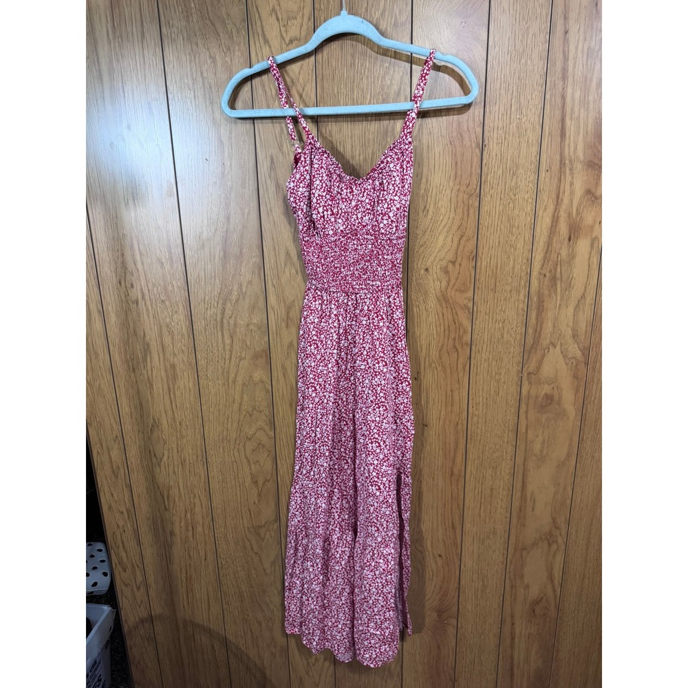 Hollister Red Floral Smocked Maxi Dress Cross Back Cutout Small